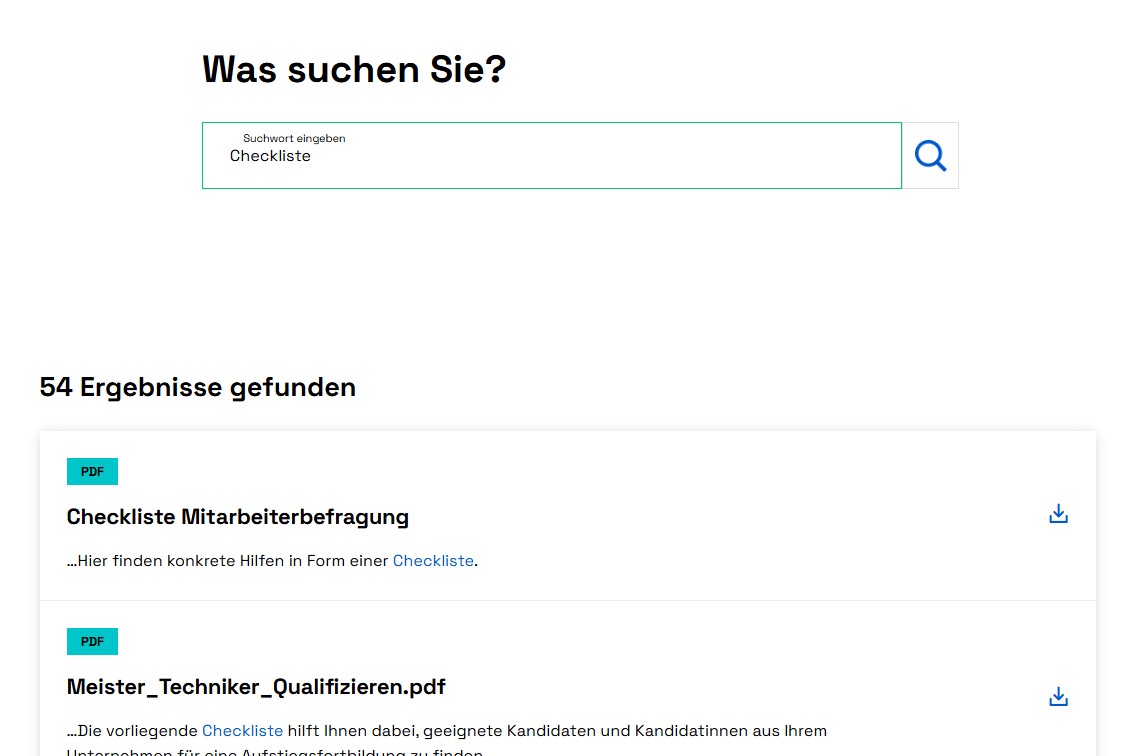 Eine Seite mit Suchergebnissen zum Stichwort Checklisten.