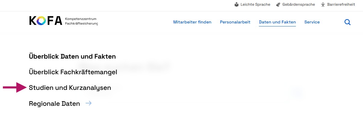 Die geöffnete Navigation dieser Webseite; ein roter Pfeil zeigt auf den Punkt Studien und Kurzanalysen unter dem Punkt Daten und Fakten.