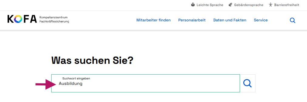 Ein Eingabefeld zur Suche, darin das Wort Ausbildung.