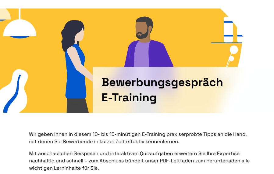 Die Startseite eines E-Trainings zum Thema Bewerbungsgespräche.