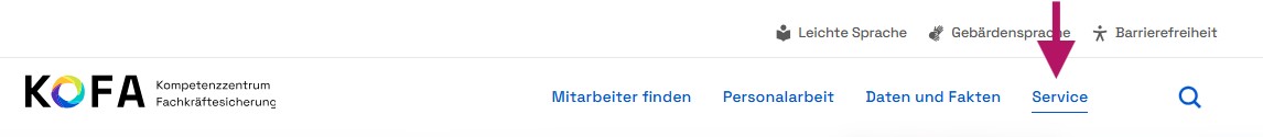 Die Navigation dieser Webseite; ein roter Pfeil zeigt auf den Punkt Service.