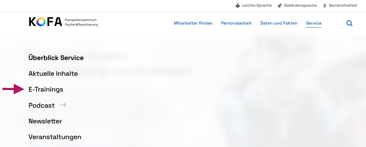 Die geöffnete Navigation dieser Webseite; ein roter Pfeil zeigt auf den Punkt E-Trainings unter dem Punkt Service.
