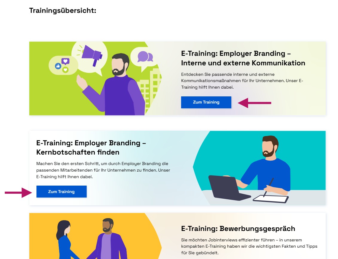 Eine Übersicht von E-Trainings, rote Pfeile zeigen auf blaue Buttons.
