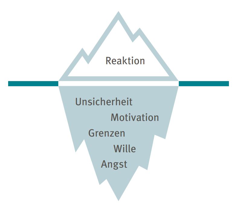 Eisberg, bei dem das Wort Reaktion oberhalb der Eisfläche liegt. Die Worte Unsicherheit, Motivation, Grenzen, Wille, Angst unterhalb der Eisfläche.