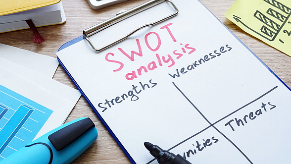 Klemmbrett, auf dem SWOT steht