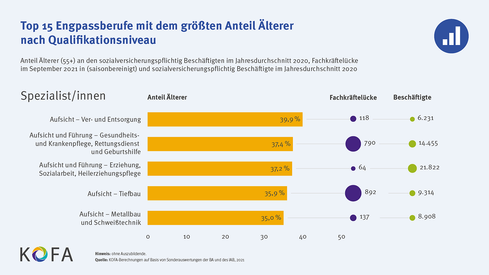 TOP 15 Engpassberufe mit dem größten Anteil Älterer nach Qualifikationsniveau - Spezialisten